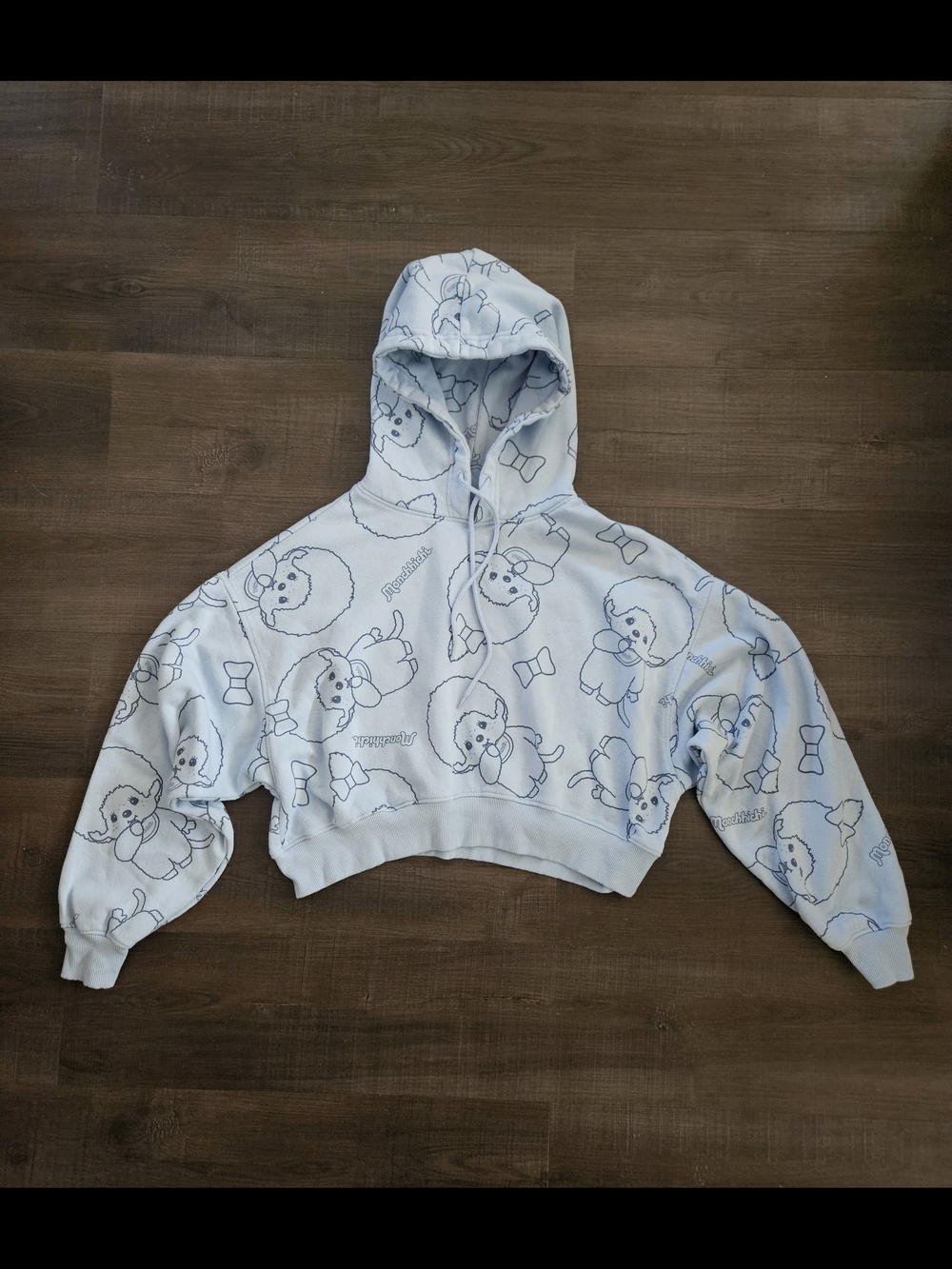 Monchhichi Sekiguchi Light Blue All-Over Print Cropped Hoodie - Size Medium
